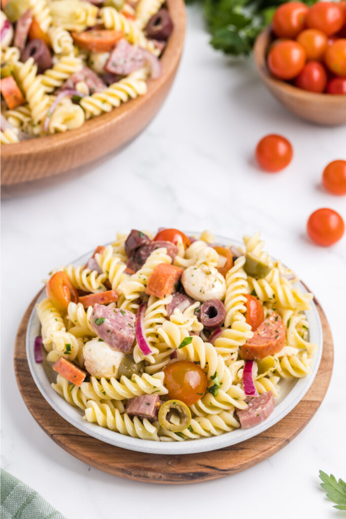 finished italian pasta salad on a plate