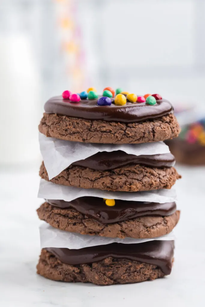 four cosmic brownie cookies stacked