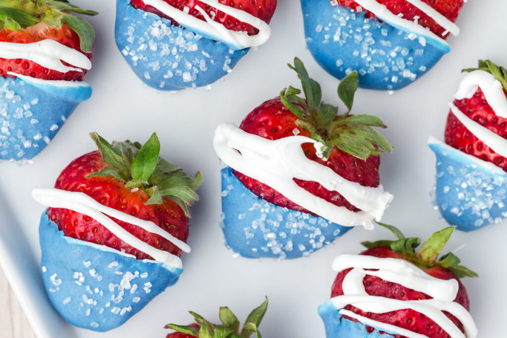 closeup of patriotic strawberries on serving platter